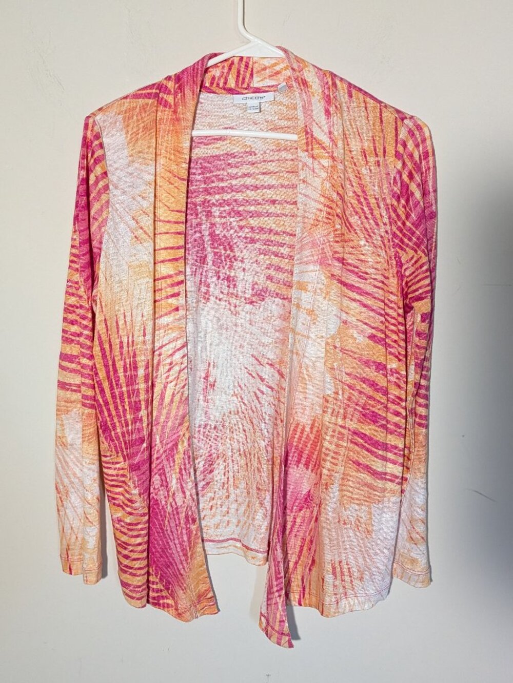 Chico's Palm Print 100% Linen Open Front Cardigan Sz 0/Small Pink